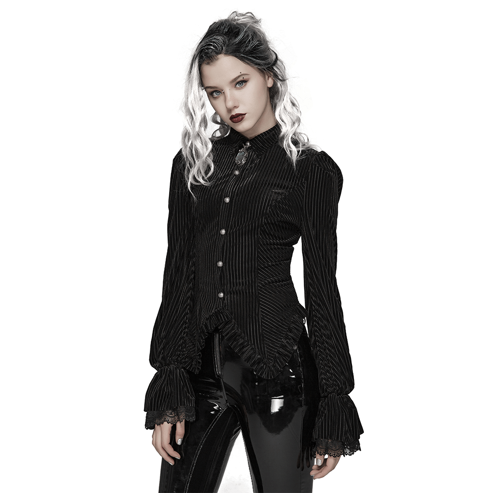 Victorian-inspired black velvet corset blouse for ladies with lace details and a slimming silhouette.