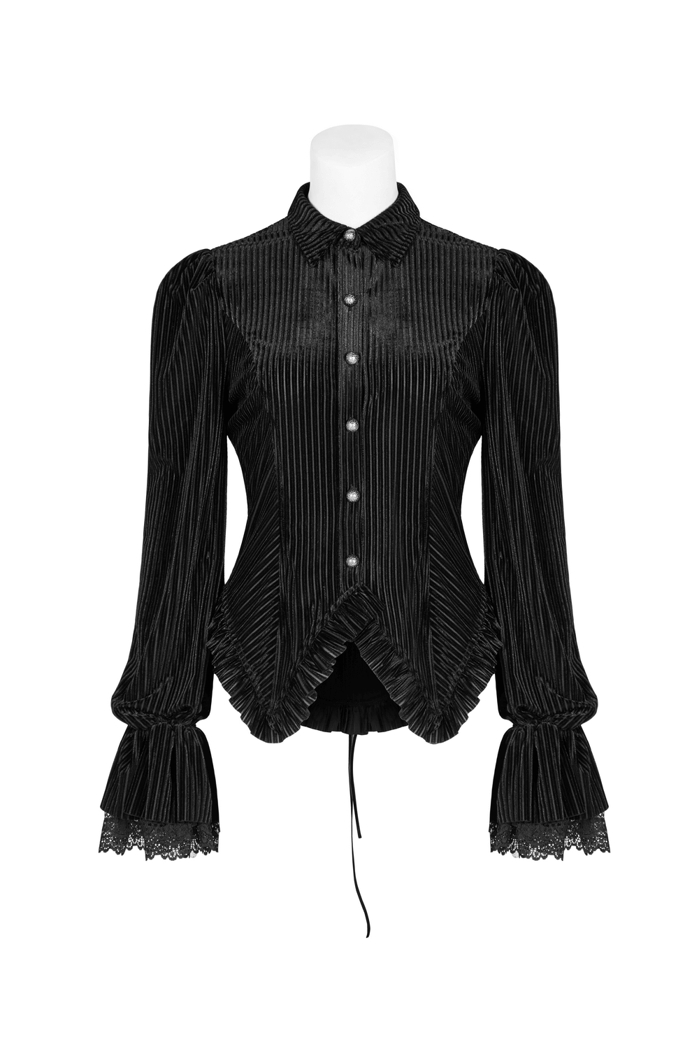 Victorian-Inspired Striped Black Velvet Corset Blouse with Lace Cuffs for a darkly romantic look.
