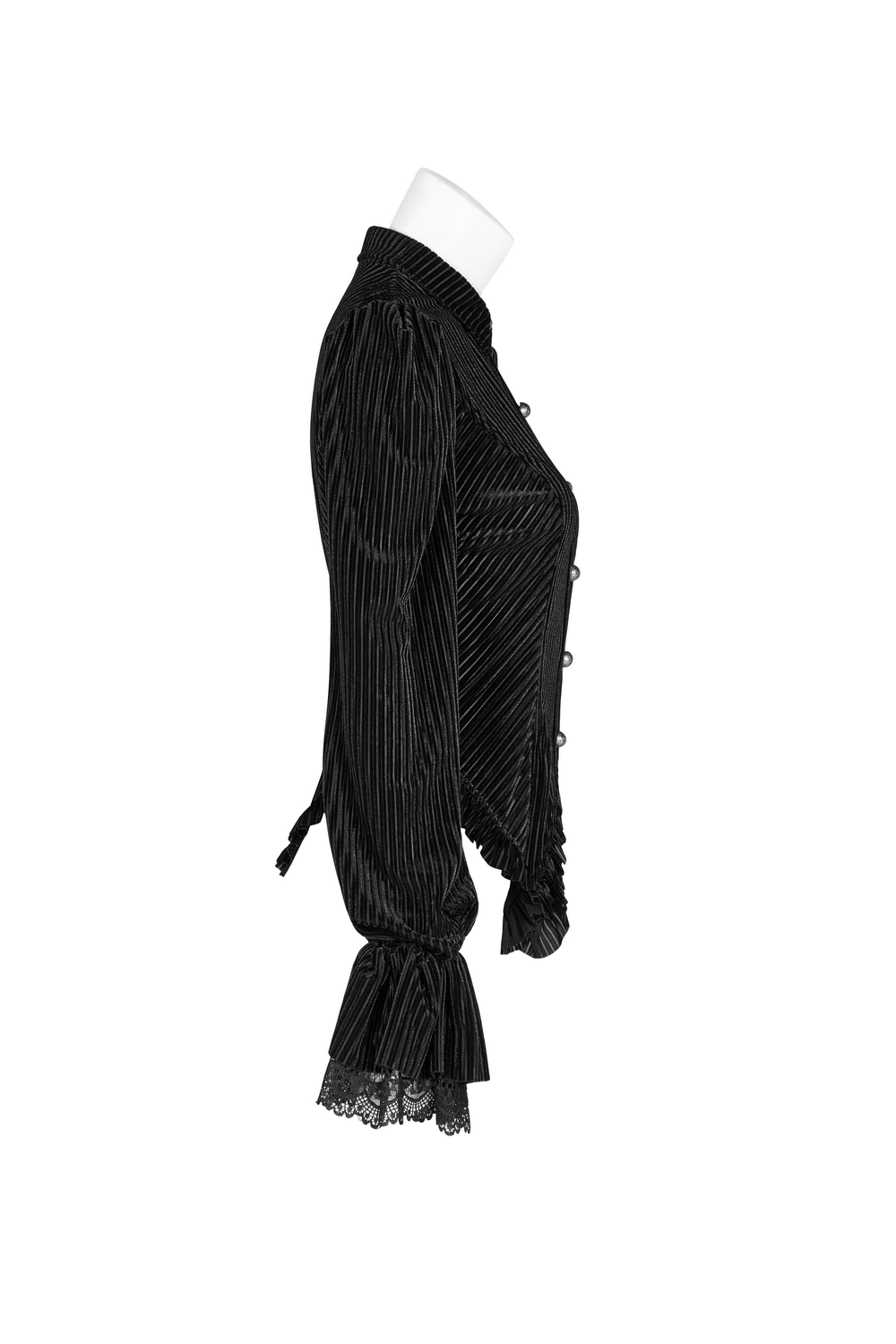 Victorian-inspired black velvet corset blouse with lace details and striped texture, perfect for a gothic aesthetic.