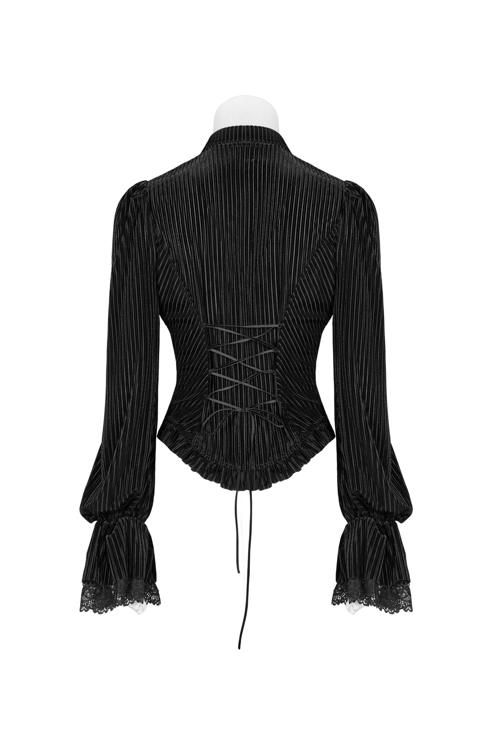 Victorian-inspired black velvet corset blouse with lace detail and adjustable back for a perfect fit.