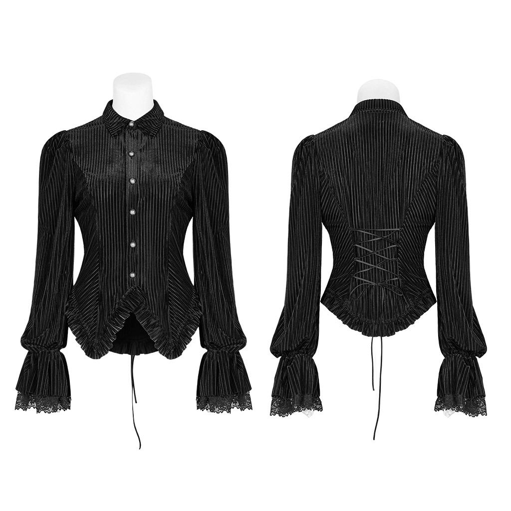 Victorian-inspired black striped velvet corset blouse with lace detail and elastic cuffs for a gothic look.