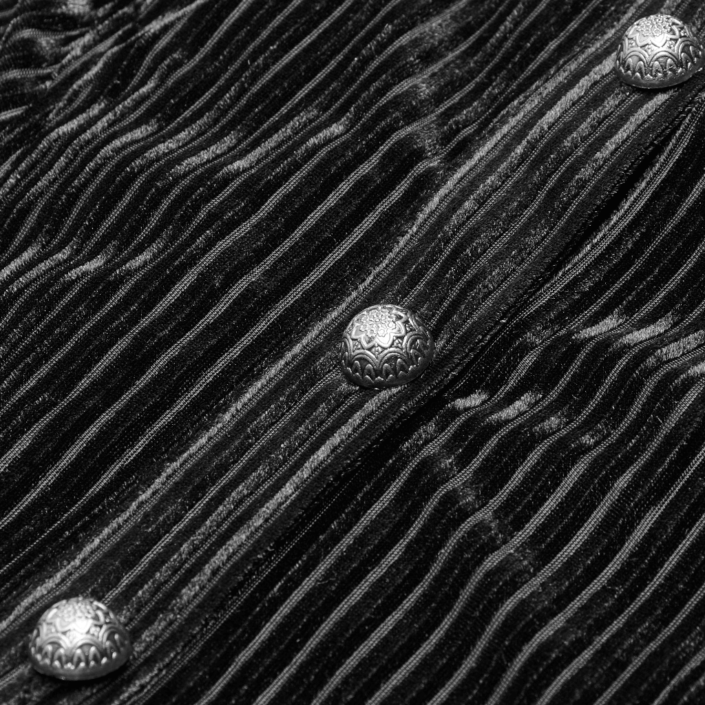 Close-up of Victorian-inspired striped black velvet fabric with ornate silver buttons for gothic blouse.