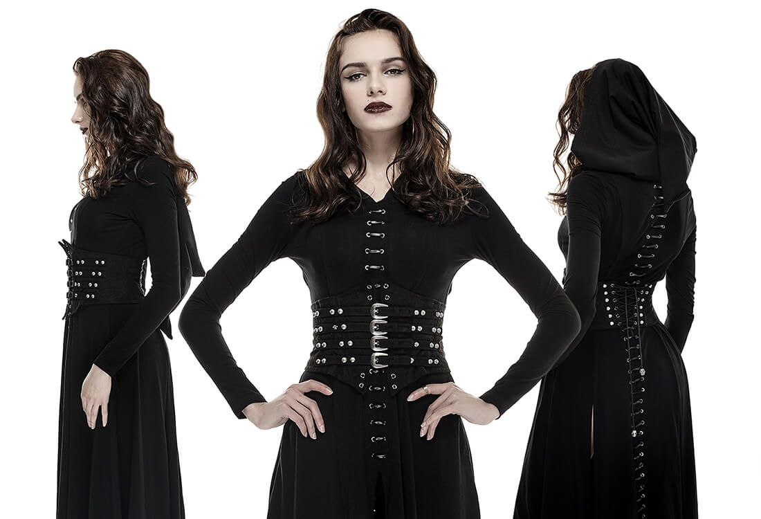 Victorian-inspired studded corset belt with buckle loops showcased on model in black dress.