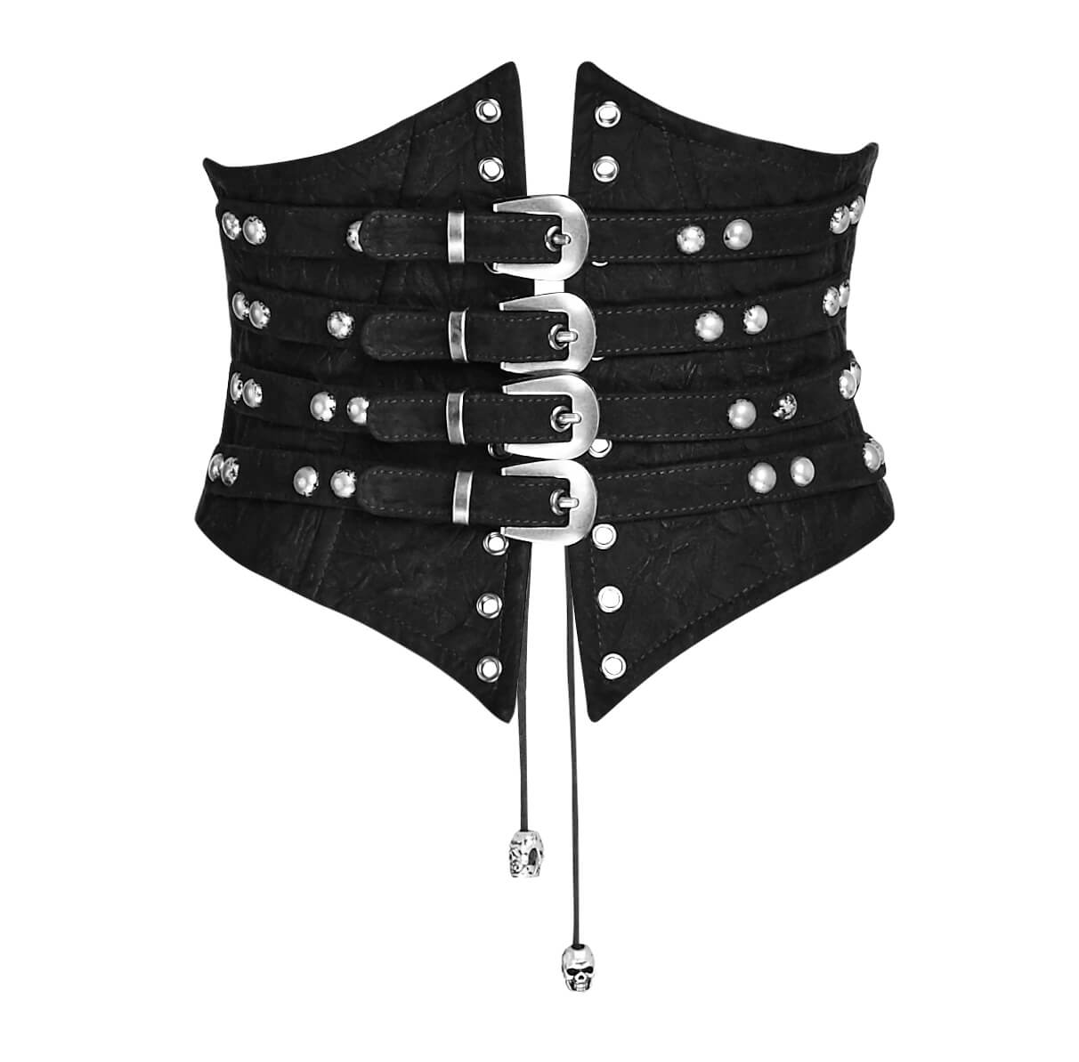 Victorian-inspired studded corset belt with buckle loops and rivets, perfect for steampunk fashion.