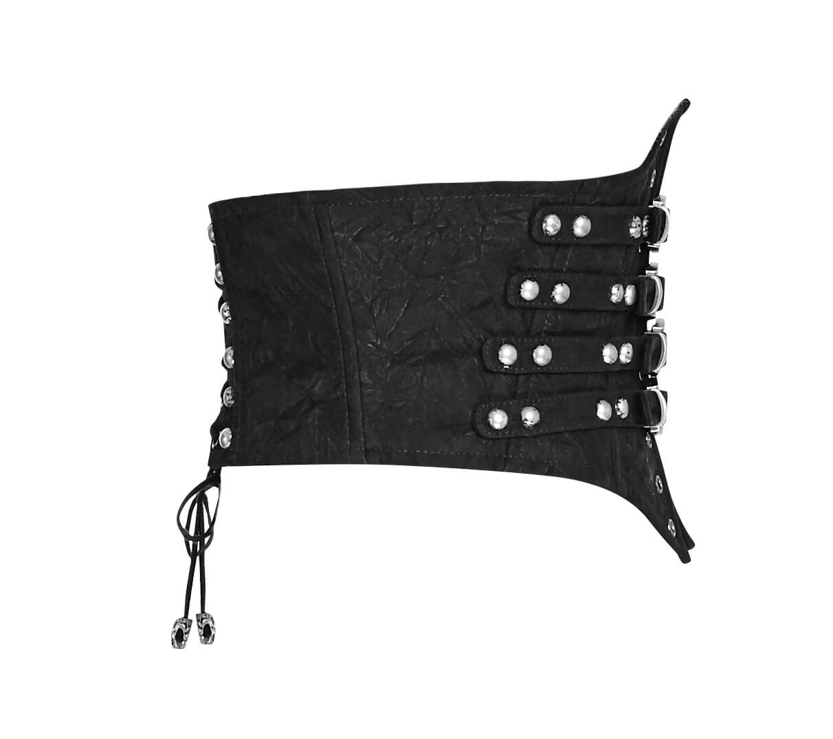 Victorian-inspired black corset belt with studded buckle loops for a steampunk look.