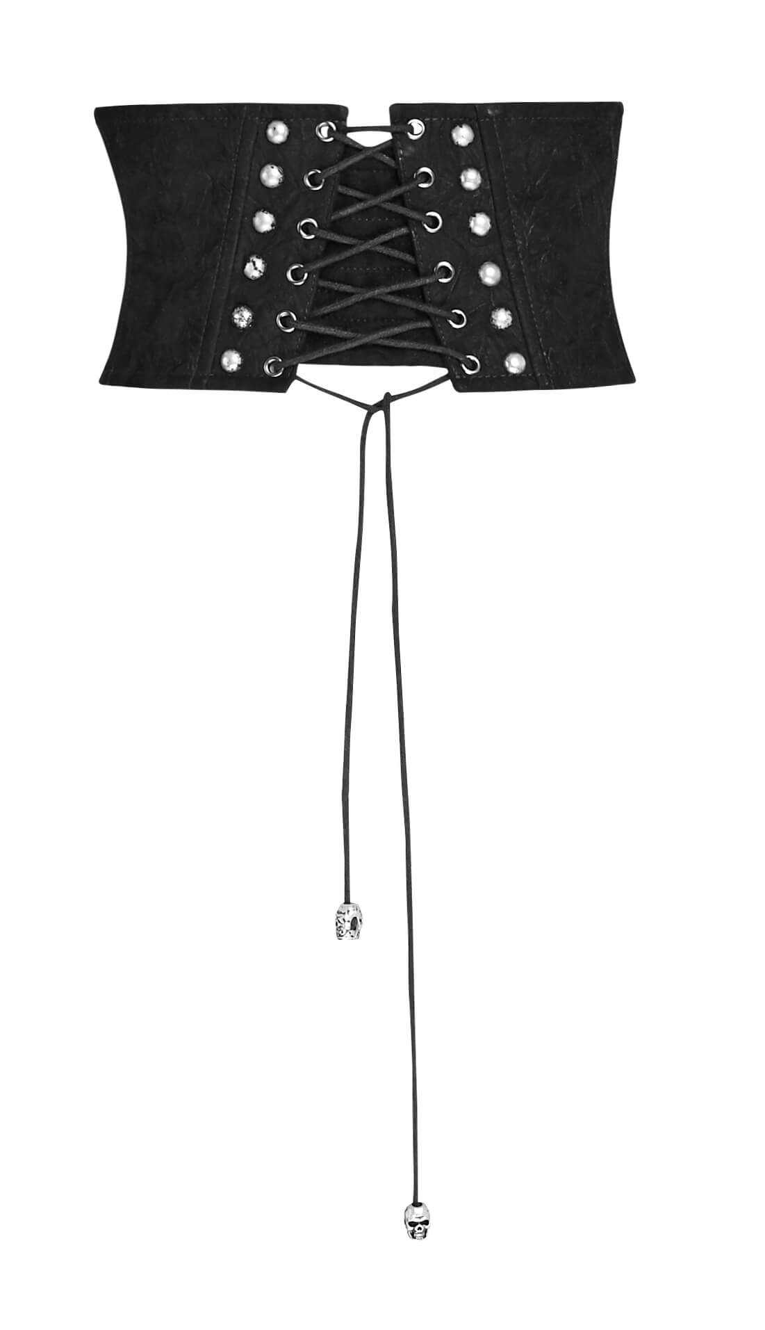 Black Victorian-inspired studded corset belt with lace-up front and adjustable string, perfect for a steampunk look.