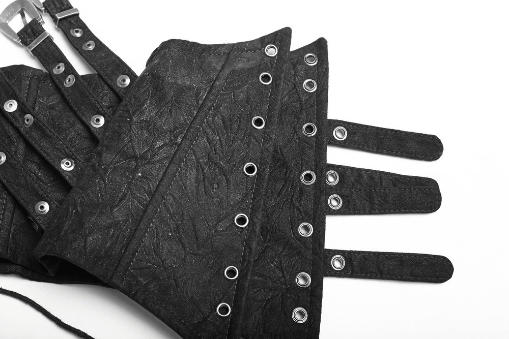 Victorian-inspired studded corset belt with buckle loops, showcasing intricate bronze distress fabric and rivets.