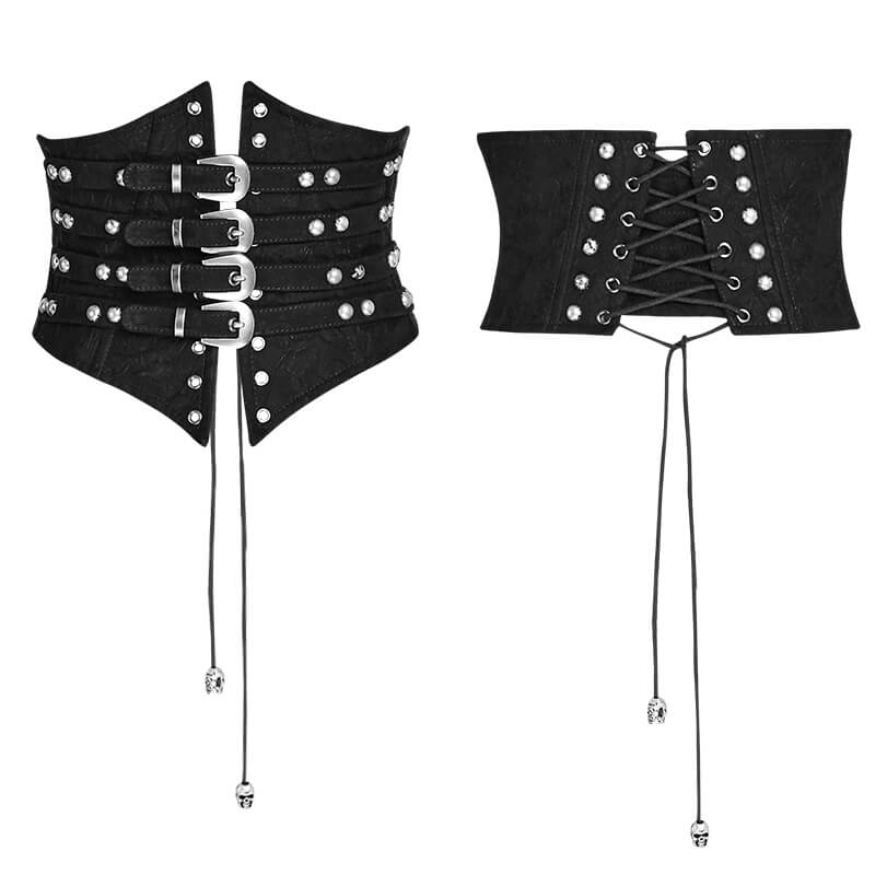 Victorian-inspired black corset belt with studded details and adjustable lace-up design.