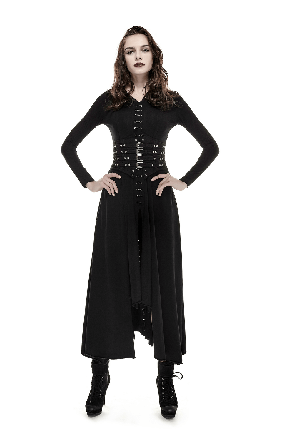 Model in a black Victorian-inspired studded corset belt, showcasing a stylish steampunk look.