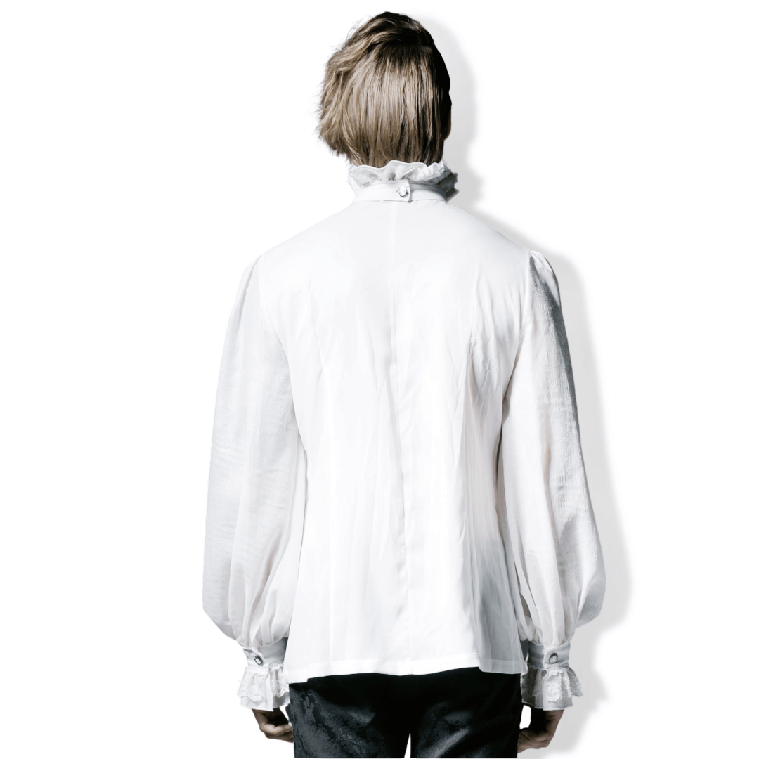 Back view of Victorian inspired white ruffle dress shirt for men, showcasing billowing sleeves and high-neck collar.