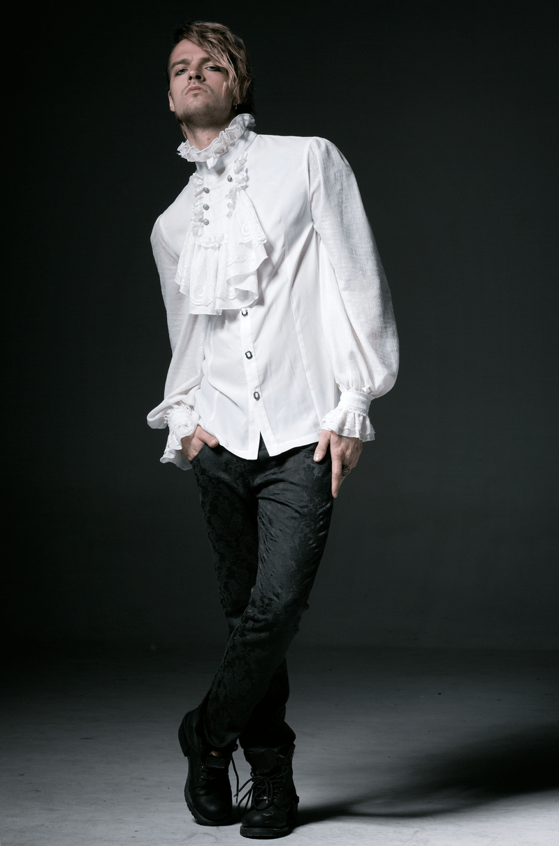 Victorian inspired white ruffle dress shirt for men, showcasing elegance with billowing sleeves and a high-neck collar.