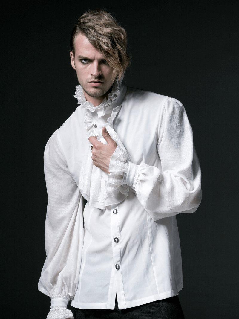Victorian inspired white ruffle dress shirt for men with high-neck collar and billowy sleeves.