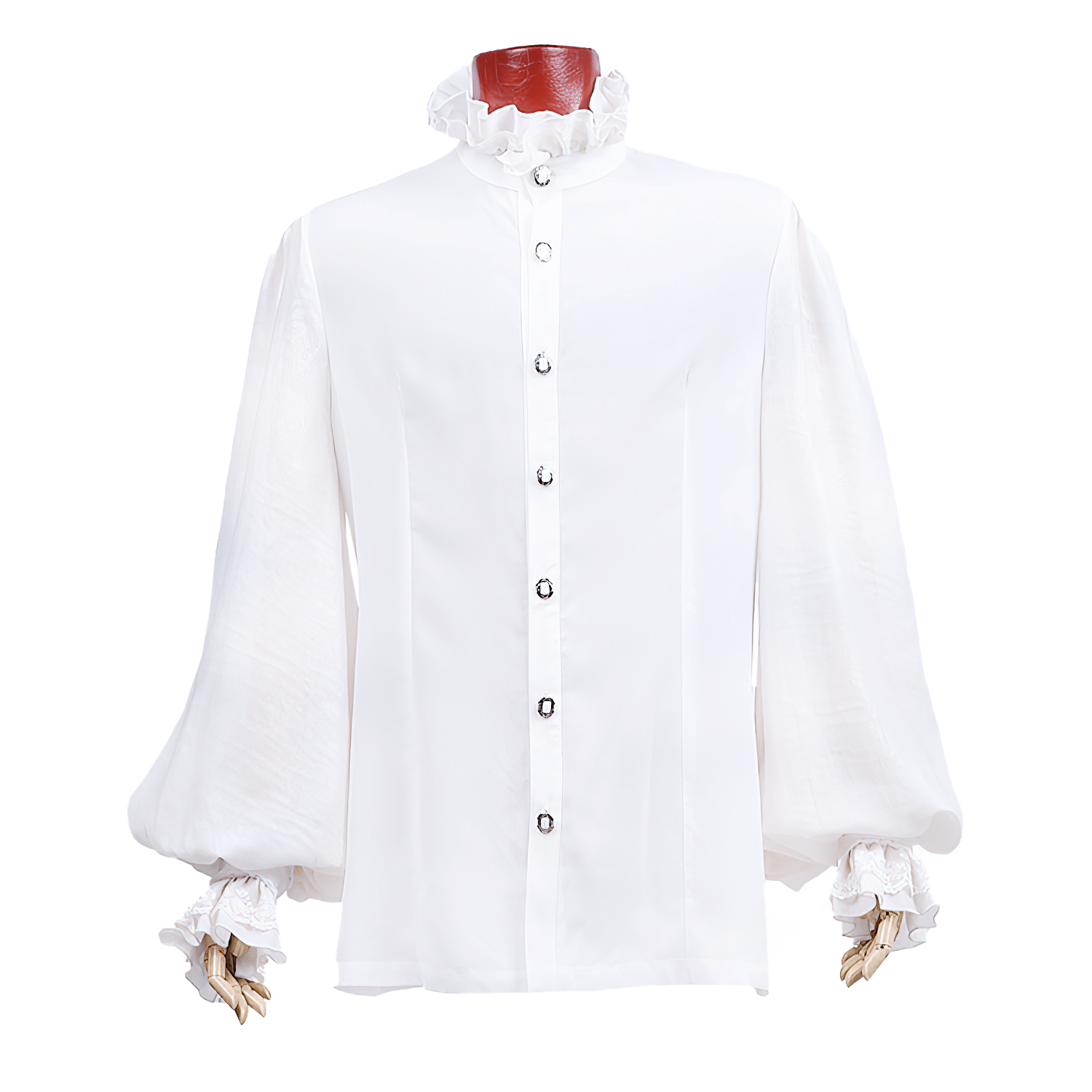 Victorian inspired white ruffle dress shirt for men with billowing sleeves and high-neck collar.