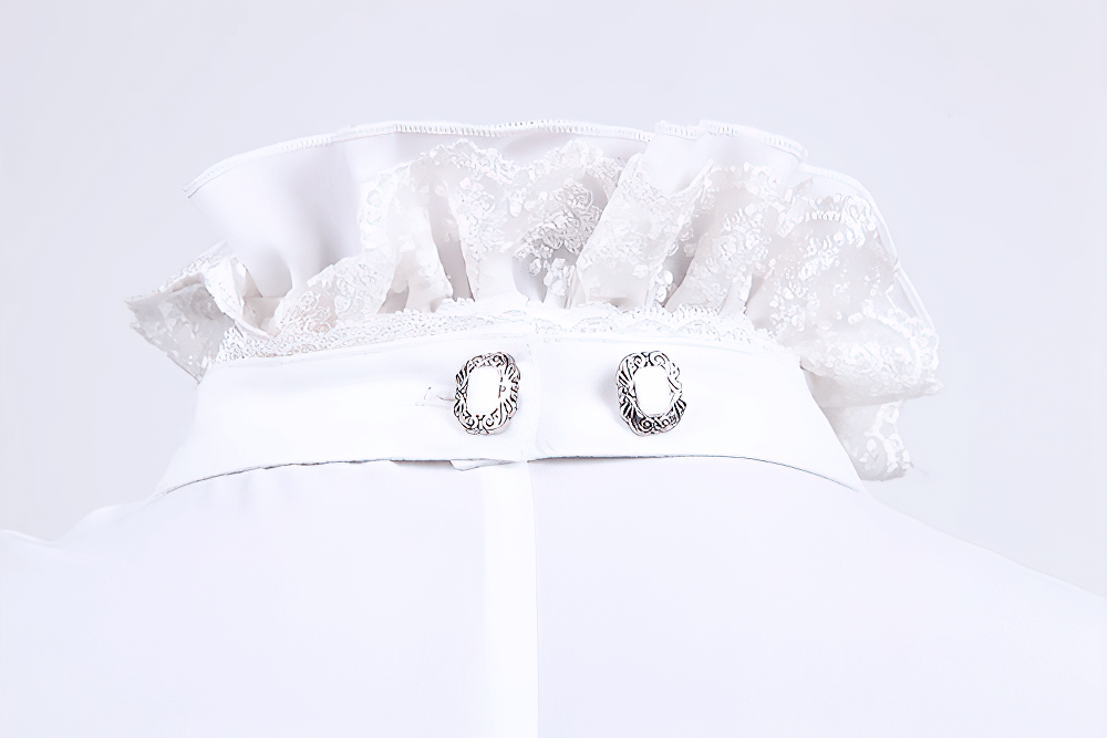 Elegant Victorian inspired white ruffle collar shirt with intricate detailing and silver buttons.