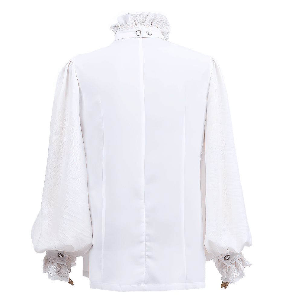 Back view of Victorian Inspired White Ruffle Dress Shirt for Men with billowing sleeves and ruffle collar.
