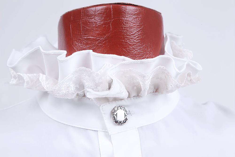 Close-up of Victorian inspired white ruffle dress shirt collar with intricate detailing and elegant button.
