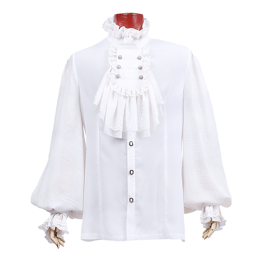 Victorian Inspired White Ruffle Dress Shirt for Men with billowing sleeves and high-neck collar.