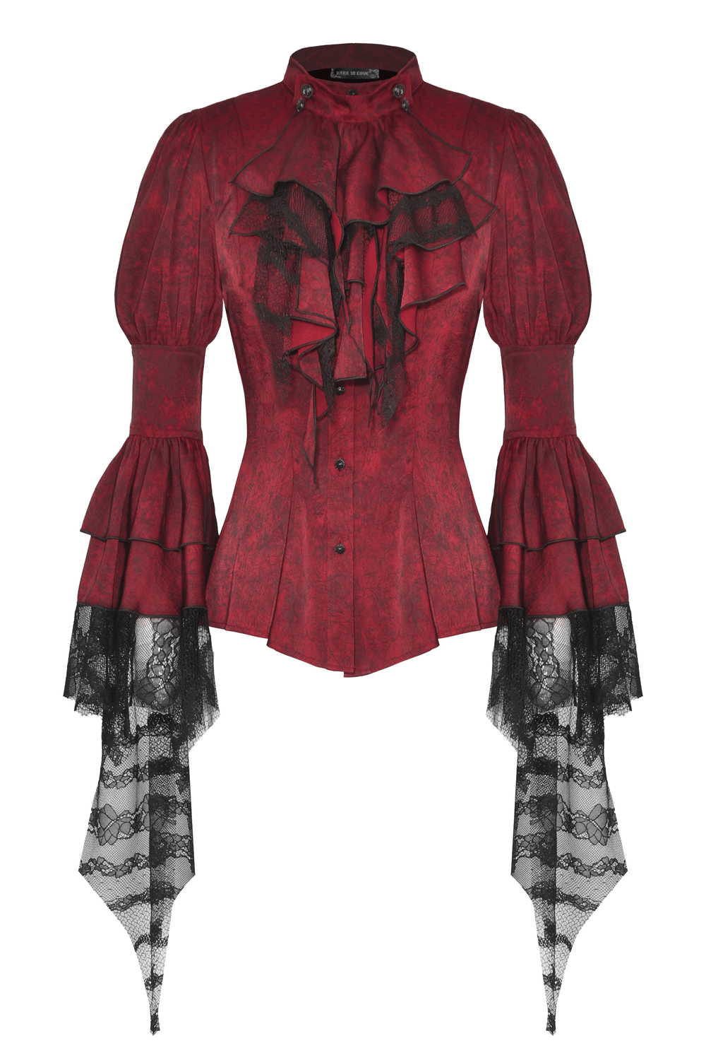 Elegant wine red Victorian-inspired blouse with ruffled layers and black lace sleeves, perfect for gothic fashion enthusiasts.