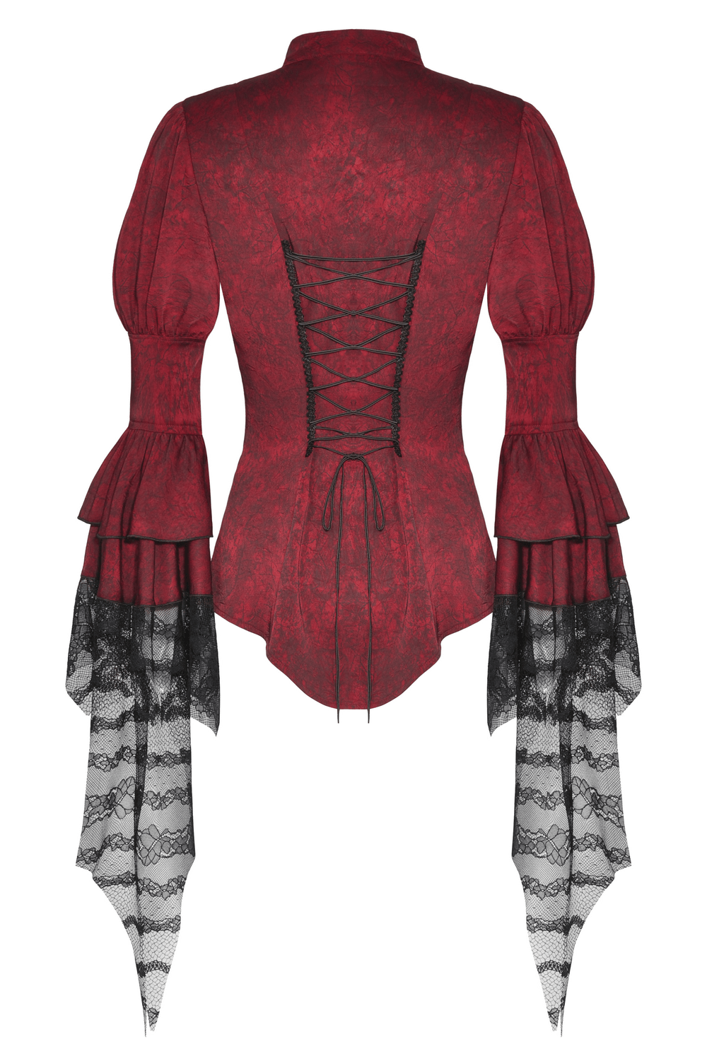 Elegant wine red blouse with black lace sleeves and corset-style lacing, perfect for gothic and alternative fashion.