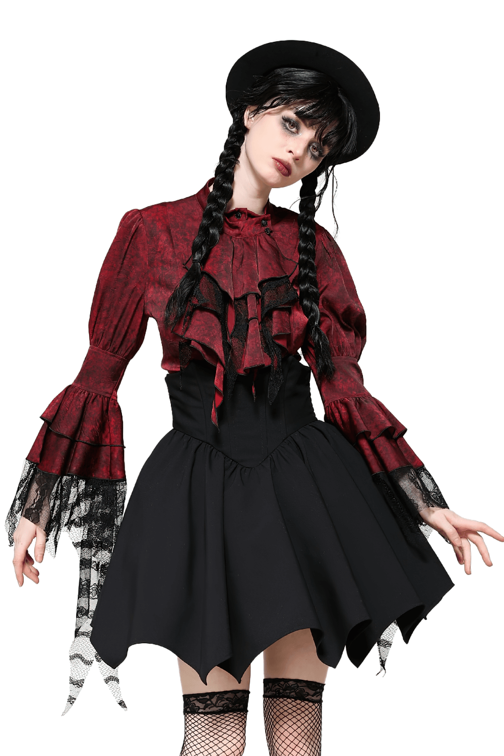 Elegant Victorian-inspired wine red blouse with black lace sleeves and ruffles, perfect for gothic fashion enthusiasts.