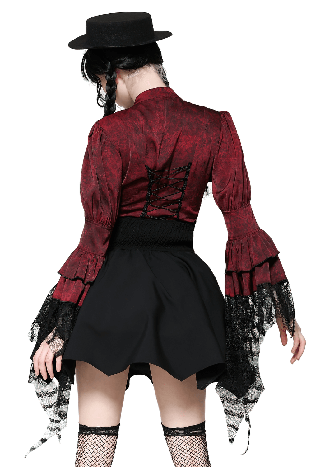 Elegant wine red gothic blouse with black lace sleeves and ruffled layers, perfect for alternative fashion enthusiasts.