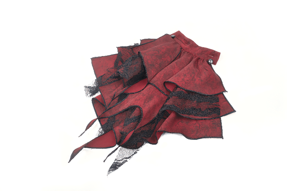 Elegant wine red gothic blouse with black lace sleeves and ruffled layers, perfect for alternative fashion lovers.