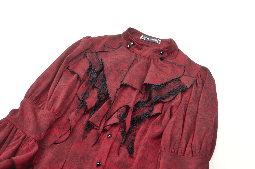 Victorian-Inspired Wine Red Lace and Ruffle Gothic Blouse