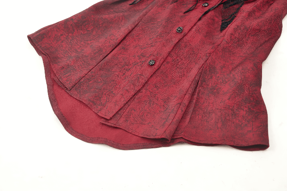 Elegant wine red gothic blouse with textured jacquard fabric and black lace details. Ideal for alternative fashion lovers.