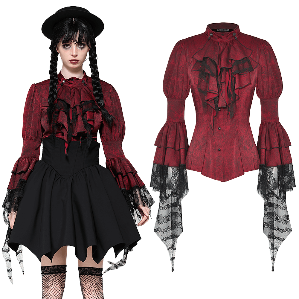 Elegant Victorian-inspired wine red blouse with dramatic ruffles and black lace sleeves, perfect for gothic fashion.