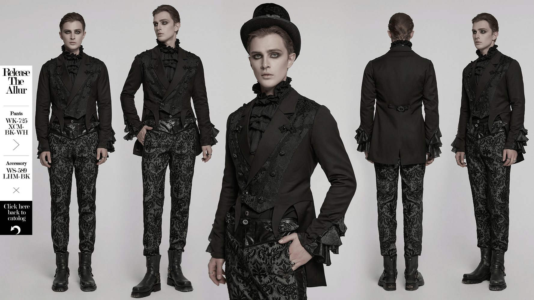 Victorian jacquard lapel gothic men's tailcoat jacket with ruffle cuffs and gemstone buttons.