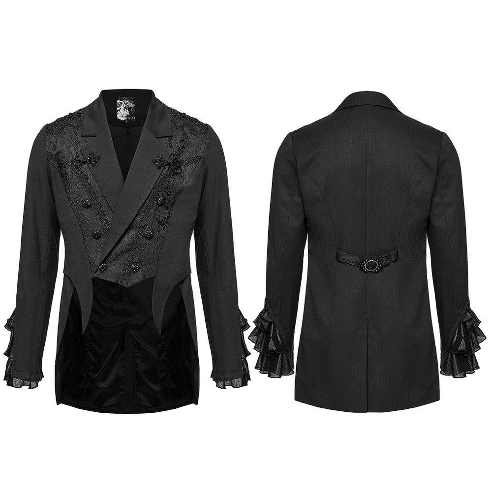 Victorian Jacquard lapel gothic men's tailcoat jacket with ruffle cuffs and ornate buttons, perfect for steampunk style.