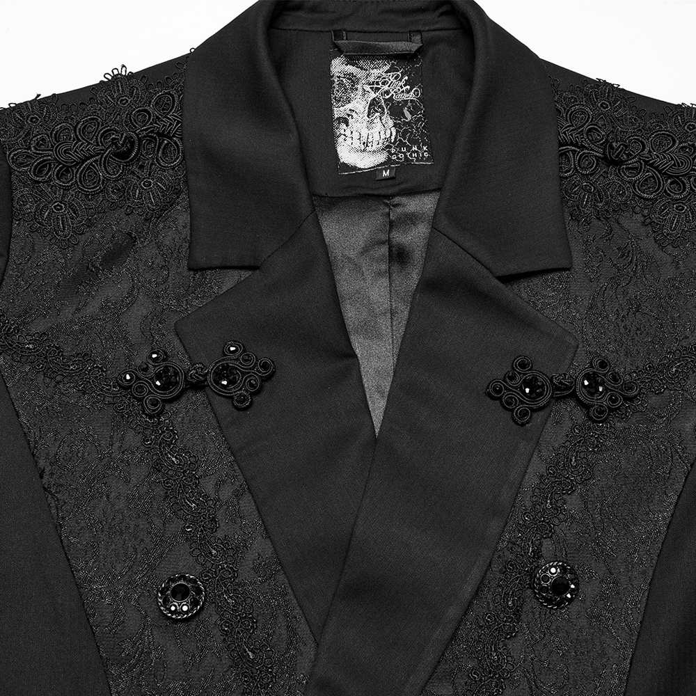 Victorian gothic men's tailcoat jacket with ornate ruffle cuffs and intricate lace detailing.