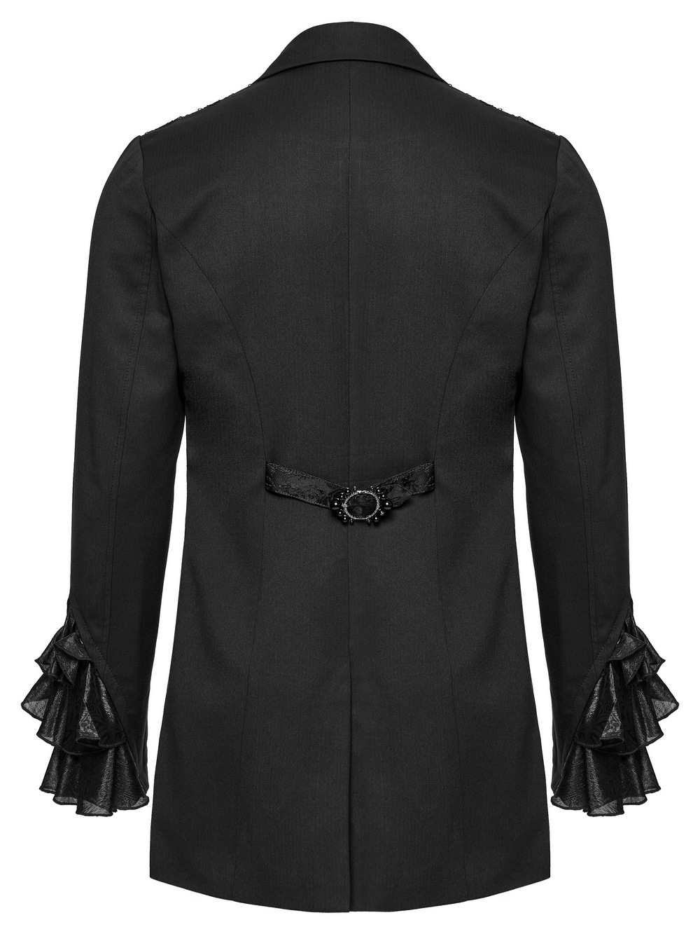 Back view of Victorian Jacquard Lapel Gothic Men's Tailcoat with ruffle cuffs and elegant belt detail.