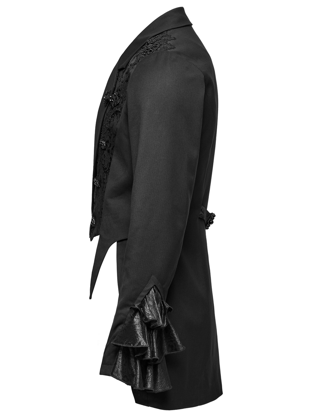 Side view of a Victorian Jacquard Lapel Gothic Men's Tailcoat Jacket with ruffle cuffs and elegant lapel collar.
