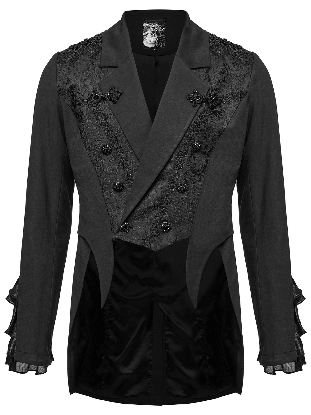 Victorian Jacquard Lapel Gothic Men's Tailcoat Jacket with ruffle cuffs and gemstone buttons, perfect for steampunk style.