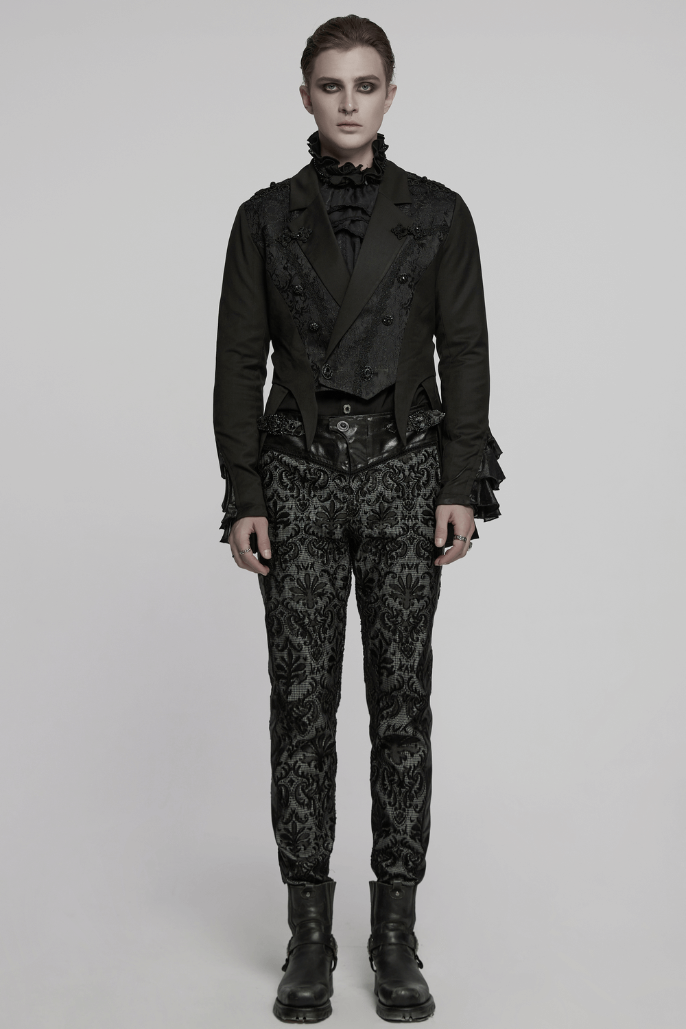 Victorian Gothic Men's Tailcoat Jacket with Ruffle Cuffs and Jacquard Pants for a dramatic vintage look.