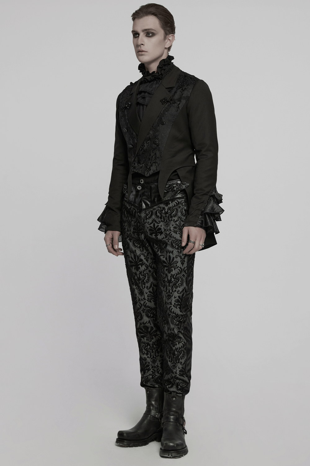 Victorian gothic men's tailcoat jacket with ruffle cuffs, embellished with jacquard and gemstone buttons.
