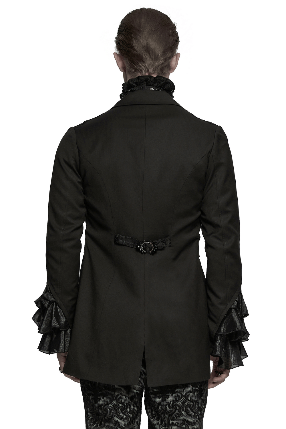 Back view of a Victorian Jacquard Lapel Gothic men's tailcoat with ruffle cuffs, showcasing intricate details.