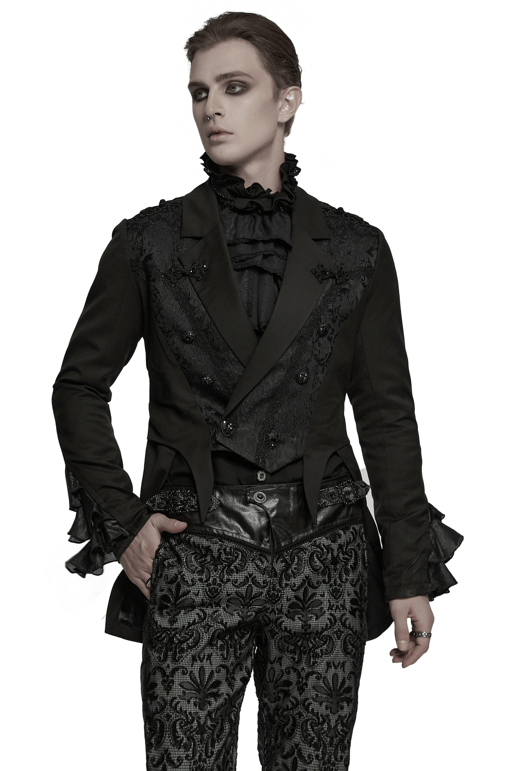 Gothic Victorian men's tailcoat jacket featuring ruffle cuffs and jacquard fabric, perfect for vintage style.