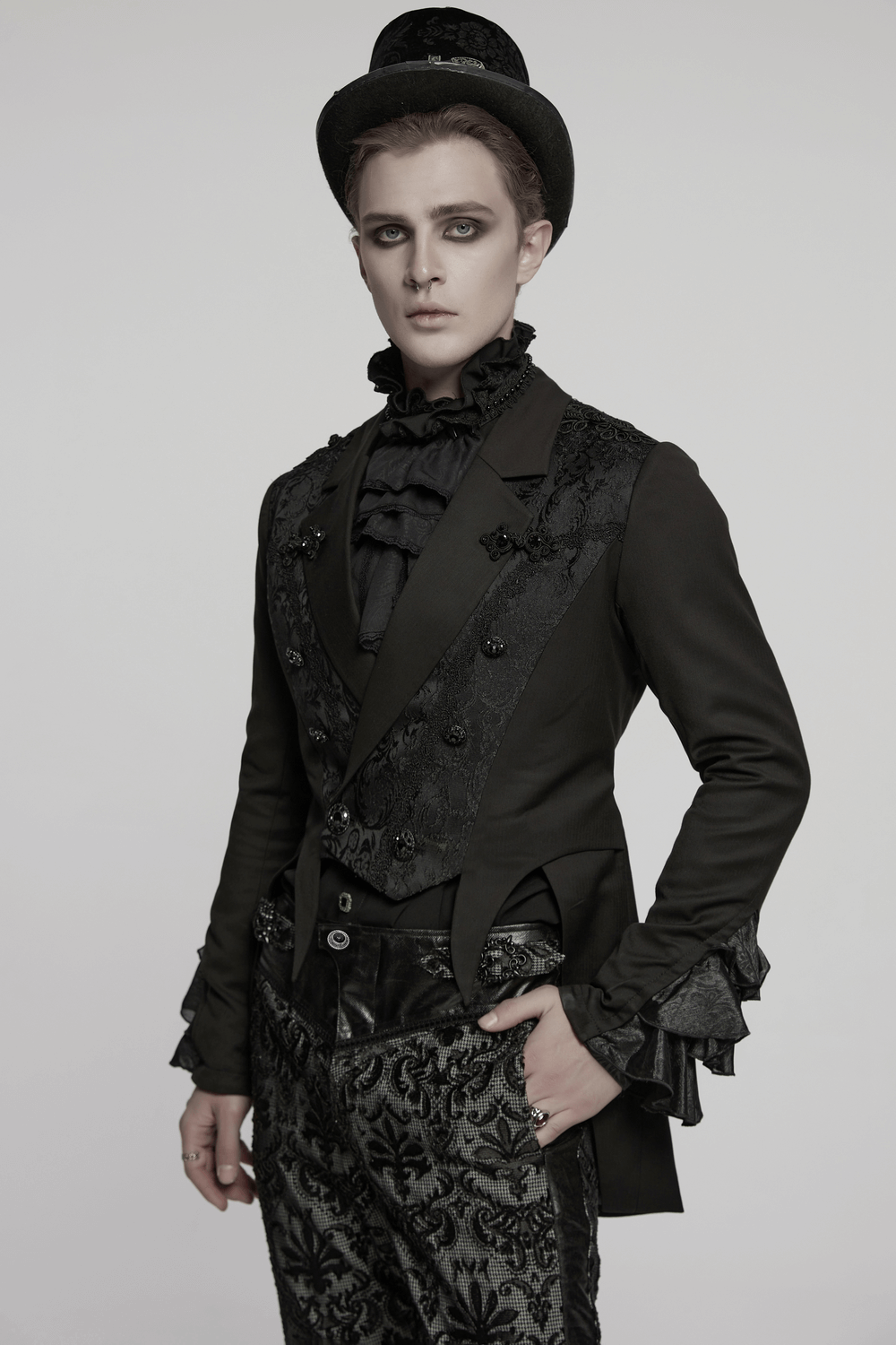 Victorian Gothic men's tailcoat jacket with ruffle cuffs and elegant lapel, featuring jacquard fabric and dramatic flair.