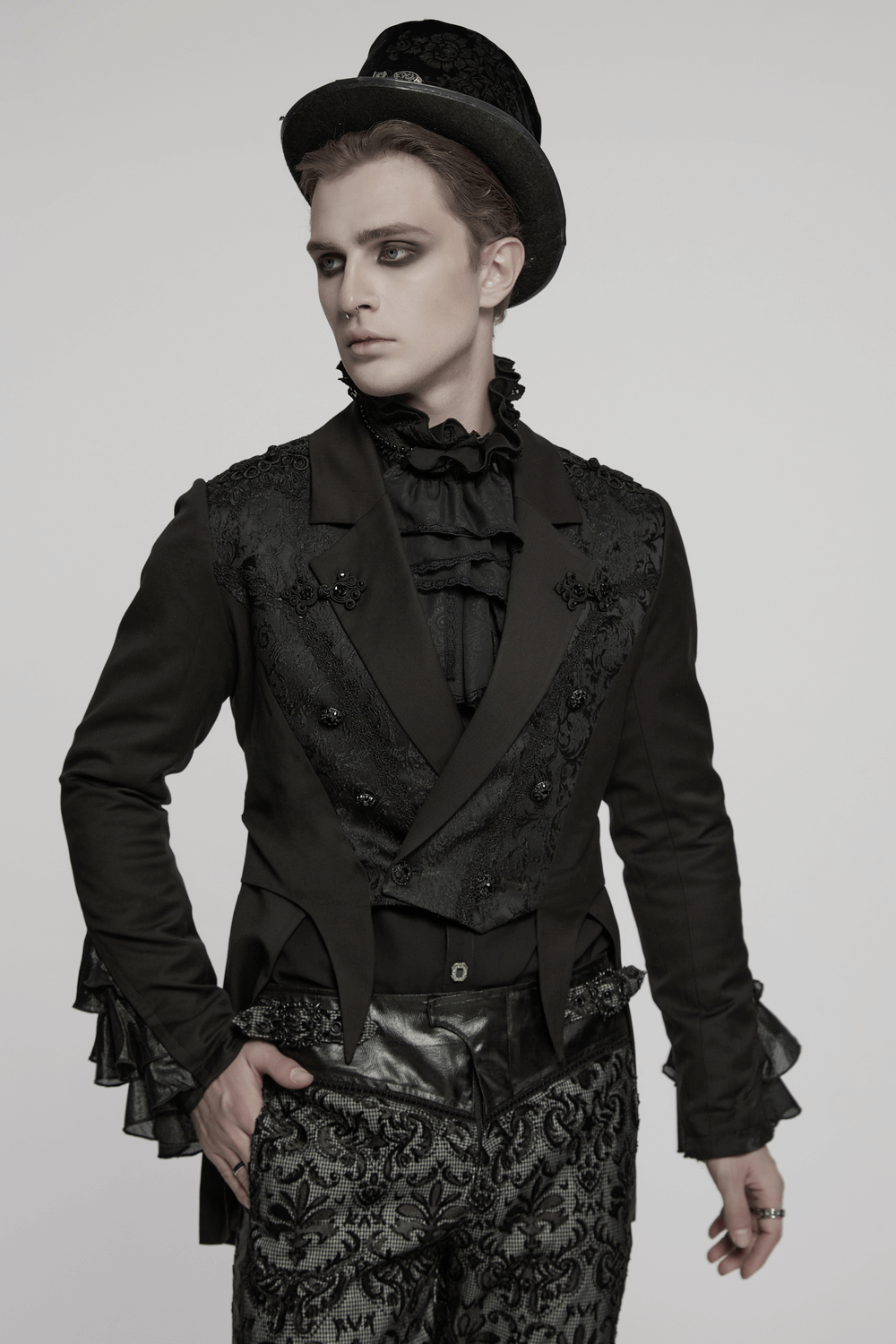 Gothic men's Victorian tailcoat jacket with ruffle cuffs, elegant lapel, and striking details, perfect for steampunk fashion.