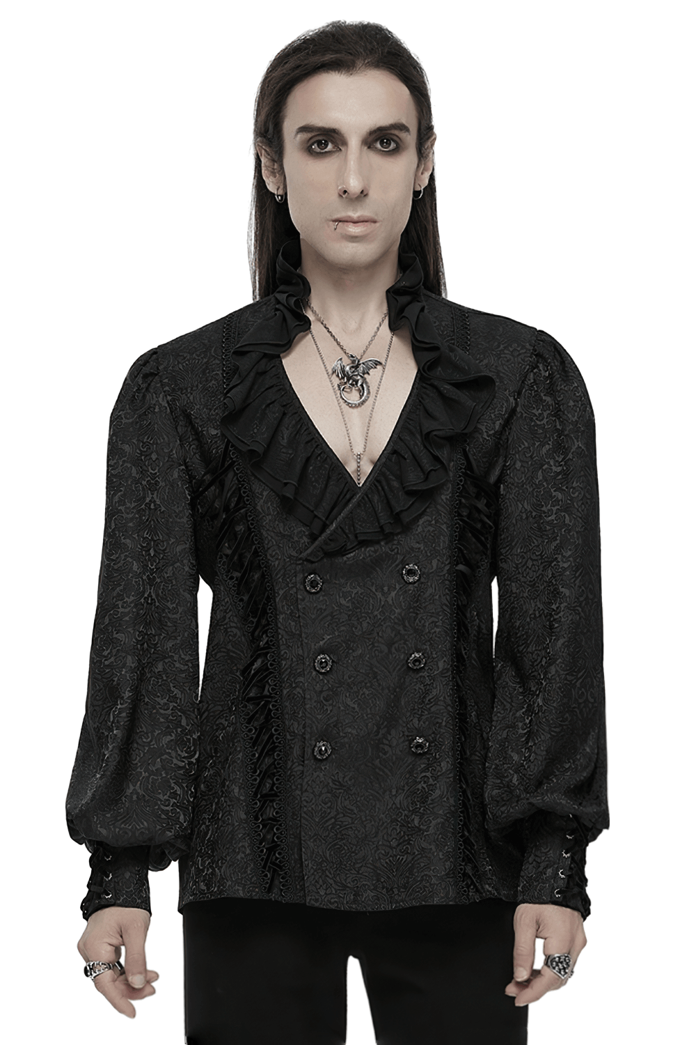 Elegant black Victorian jacquard shirt with ruffled collar and double-breasted style, perfect for gothic fashion.