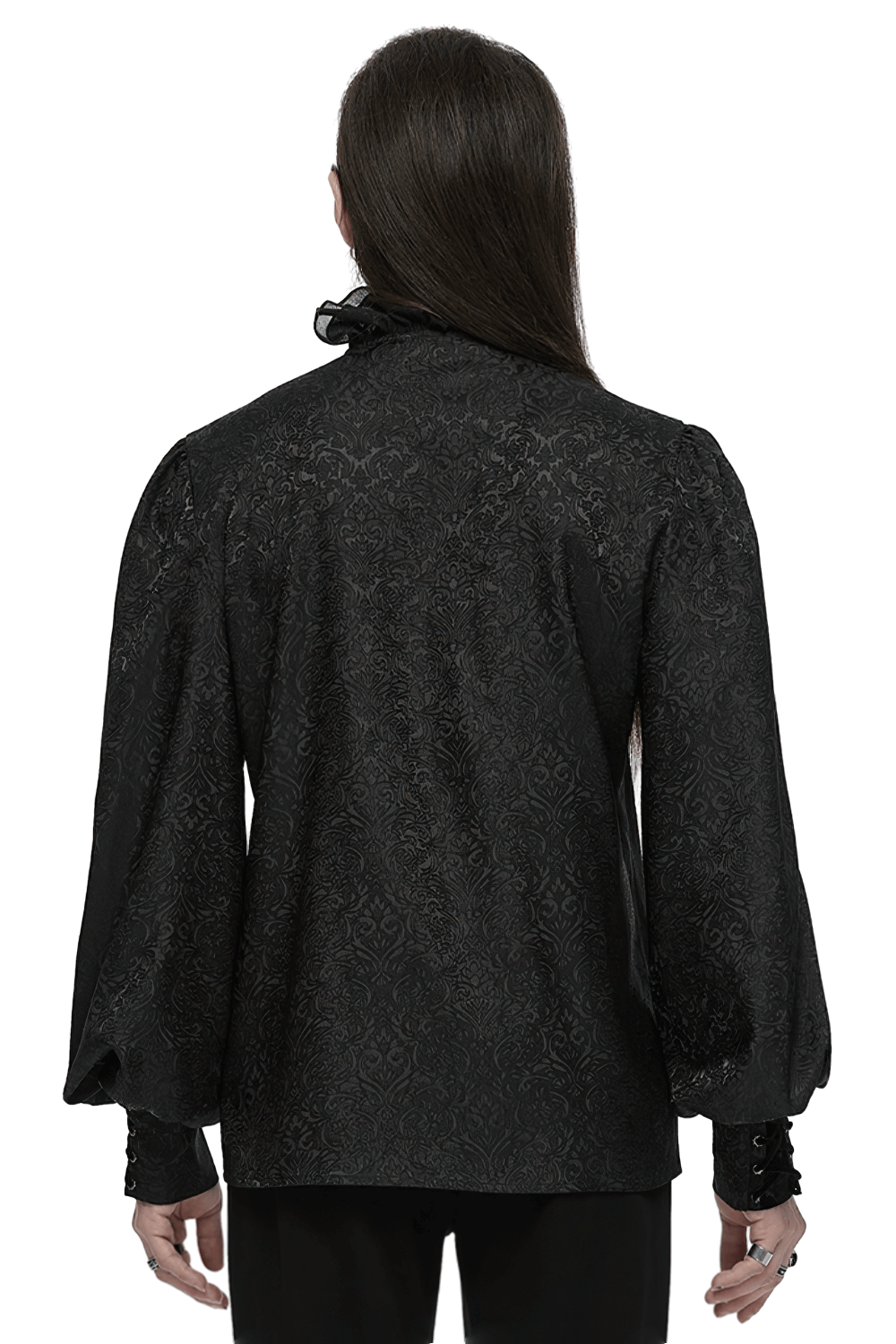 Back view of a Victorian jacquard shirt with ruffled collar and elegant lantern sleeves in black. Perfect for gothic fashion.