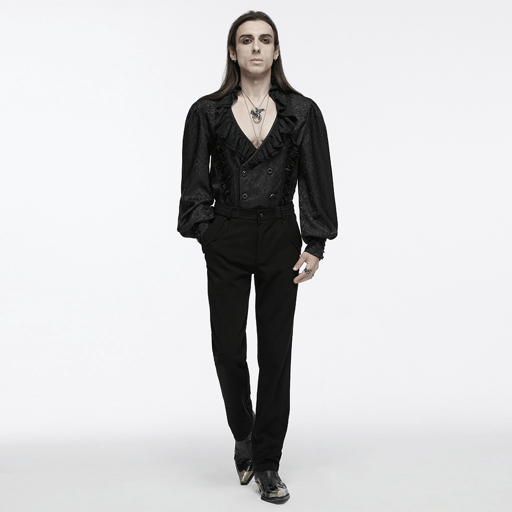 Elegant Victorian jacquard shirt with ruffled collar, styled with black trousers for a gothic fashion look.