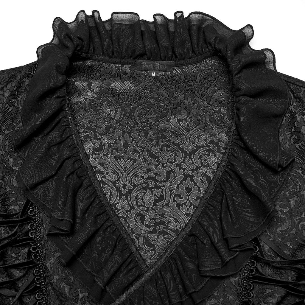 Close-up of Victorian jacquard shirt with elegant ruffled collar design and intricate black fabric texture.