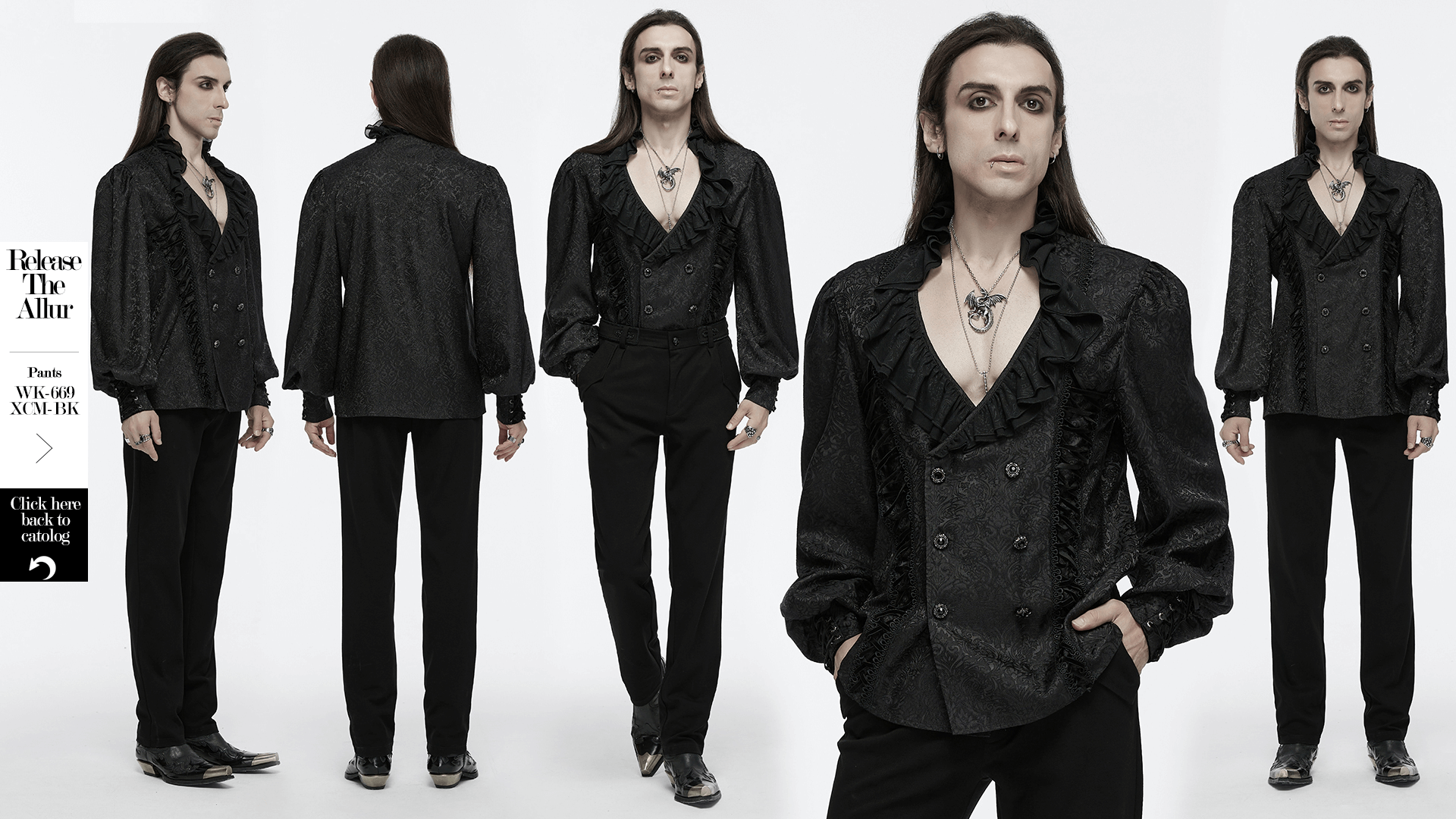 Elegant Victorian jacquard shirt with ruffled collar and double-breasted design, styled for gothic and steampunk fashion.