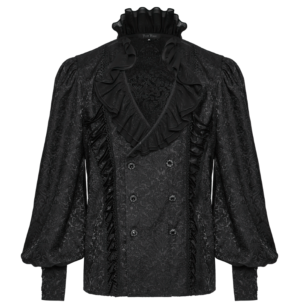 Elegant Victorian Jacquard Shirt with Ruffled Collar and Lantern Sleeves in Black