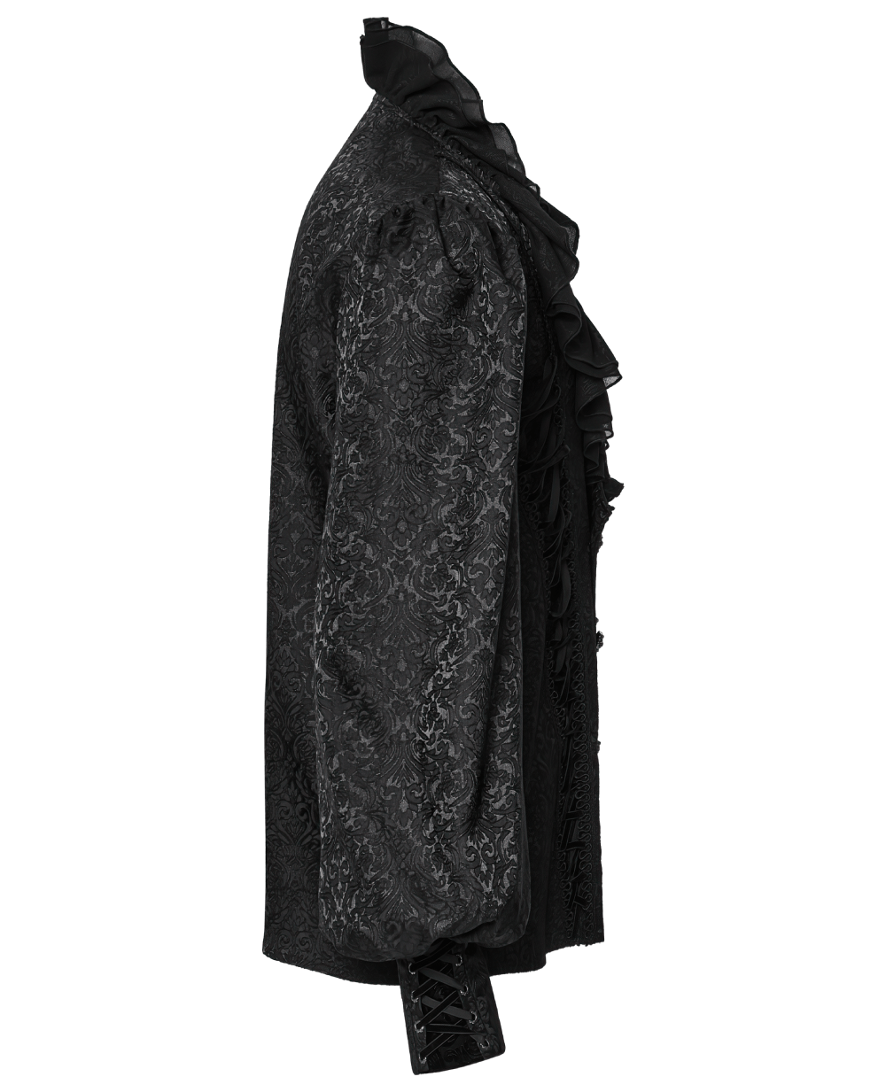 Victorian jacquard goth shirt with ruffled collar and lantern sleeves, showcasing elegance and drama.