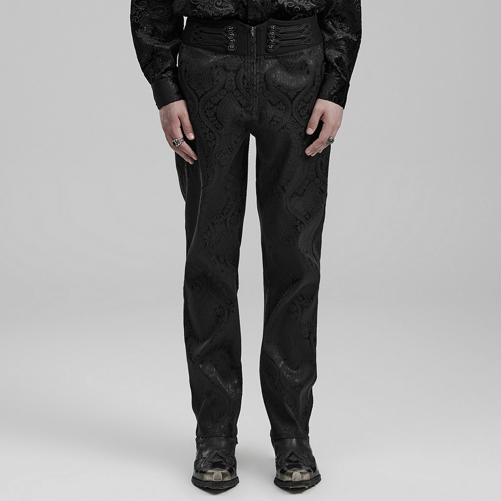 Elegant gothic style men's trousers in jacquard twill, featuring decorative waist and intricate fabric pattern.