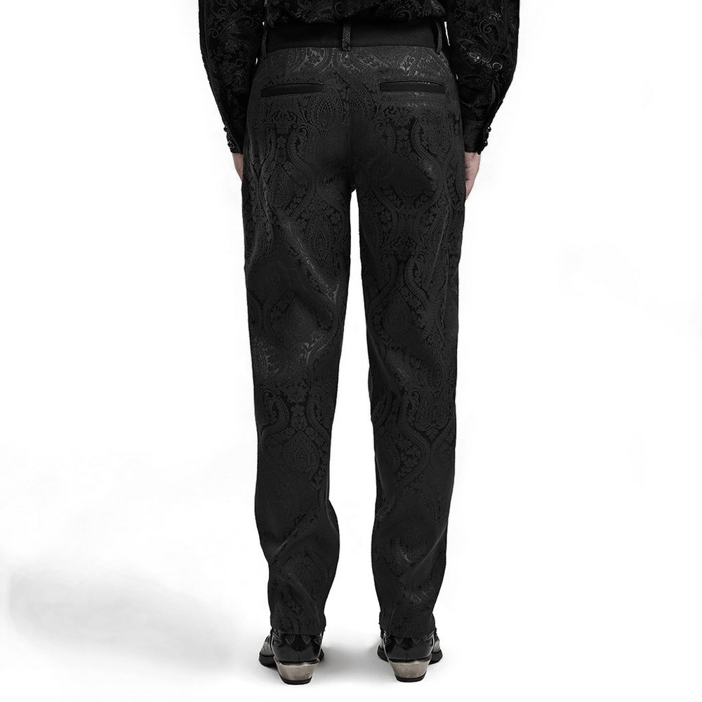 Back view of elegant Gothic style men's jacquard twill trousers with intricate black fabric pattern.
